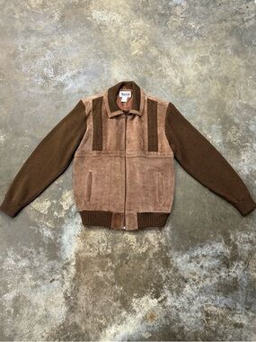 Vintage 70s Repage Suede Leather Knit Bomber Jacket Brown